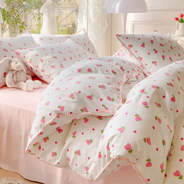 JazzHer Lovely Pastoral Girls Flower Bedding Set, Soft Washed Cotton Bed Linens For Dreamy Nights, Simple Bedspread And Home Textile