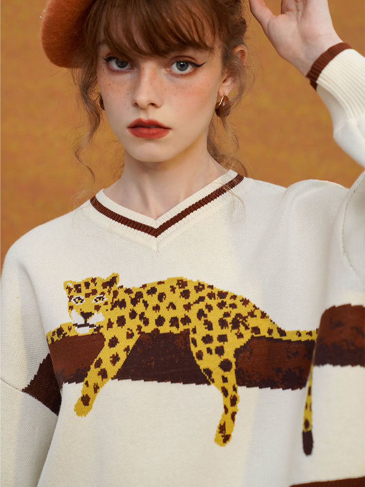 JazzHer 2024 Fall Fashion A Leopard Knit Sweatshirt That Stays On The Tree