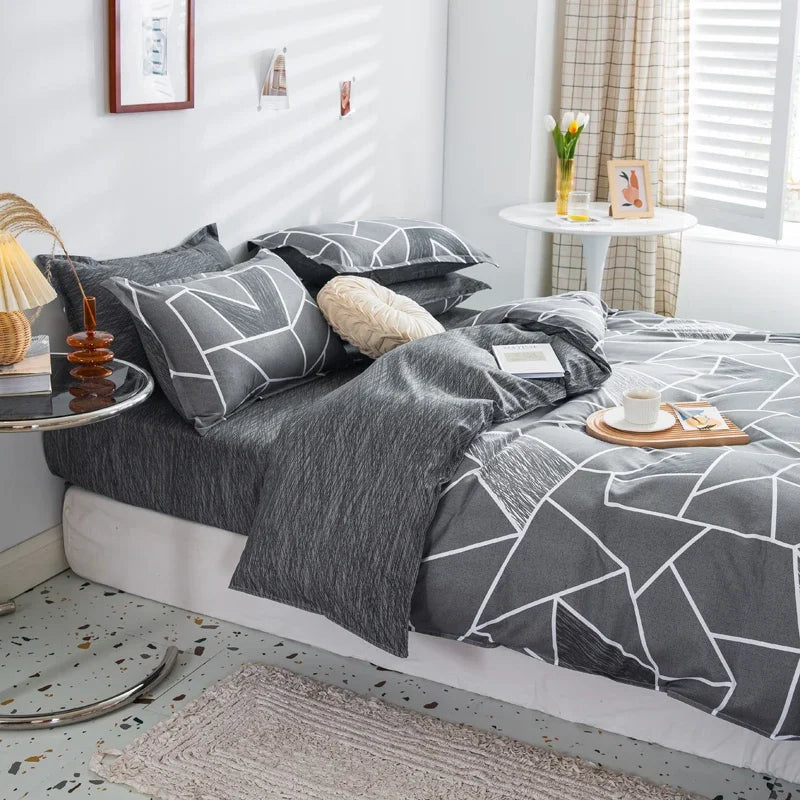 JazzHer Grey Geometric Pattern Duvet Cover Four set series for Adults Teens Polyester Bedding Set with Zip Closure Comforter Covers