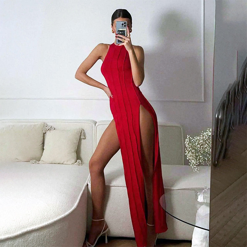 JazzHer Sexy Striped Double Split Maxi Dress Women Slim O-neck Sleeveless High Waist Female Dresses 2024 Summer Lady Casual Beach Robe