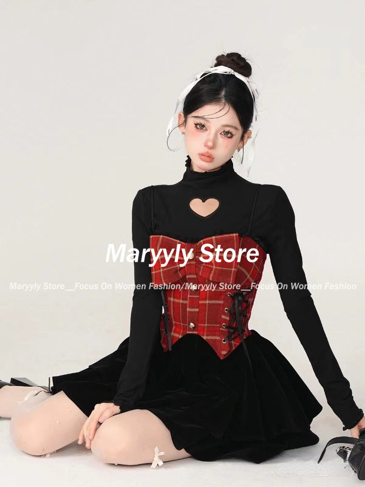 JazzHer Autumn New Y2k 2000s Aesthetic Vintage Evening Suit Women Outfits 2 Piece Set Long Sleeve T-Shirts + Mini Plaid Patchwork Dress