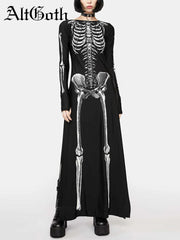 JazzHer Halloween Dark Gothic Dress Women Streetwear Punk Y2k Skull Printed Long Sleeve O-neck Split Midi Dress Cosplay Clubwear