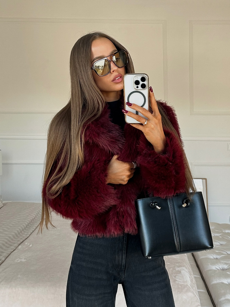 JazzHer Burgundy Red Chic Women's Fluffy Faux Fur Short Jacket Women Elegant Lapel Long Sleeve Plush Coat Female Warm Cropped Streetwear