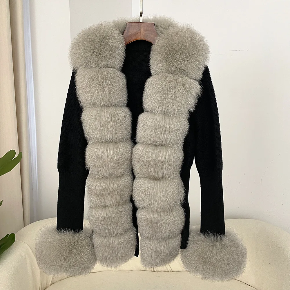 cold weather outfits JazzHer Autumn/winter New Arrival Detachable Real Fox Fur Placket Sleeve Opening Knitted Top Leather Jacket V-neck Pullover