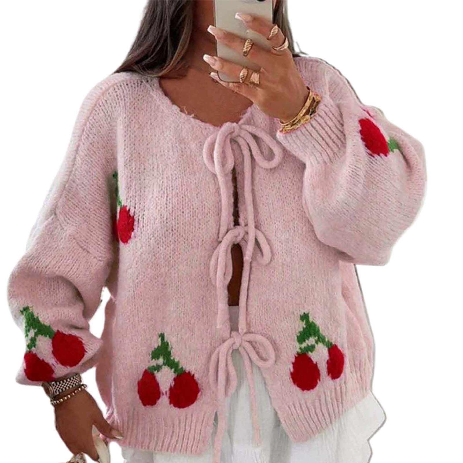 thanksgiving outfit JazzHer Women's Tie Front Knit Cardigan Cherry Pattern Long Sleeve Crew Neck Loose Sweater for Fall Winter