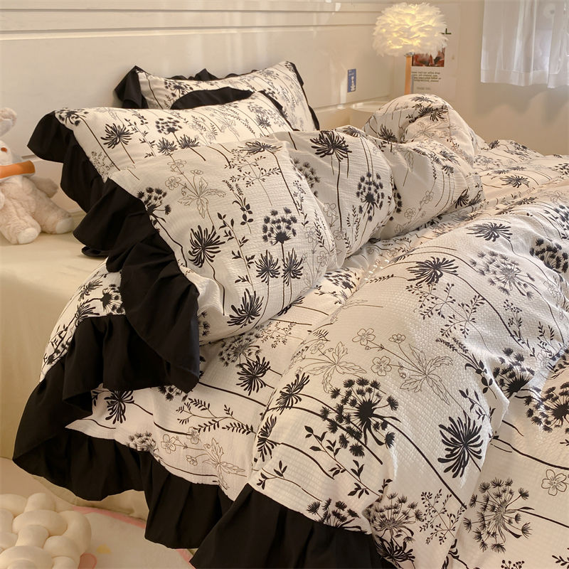 JazzHer Ins French Style Girls Heart Lace Bedding Set Bubble Wash Cotton Quilt Cover With Pillowcases Bed Sheet Set 4pcs