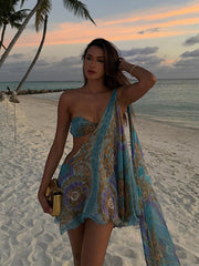 JazzHer Women Chic Printed Diagonal Shoulder Mesh Dress Sexy Hollow Out Sleeveless Backless Mini Dresses 2024 New Lady Holiday Beachwear