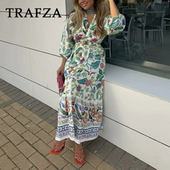 cold weather outfits JazzHer 2024 Spring Summer Bohemian Women Dresses Fashion Vintage Print V Neck Raglan Sleeve Loose Hollow Out Ladies Dresses