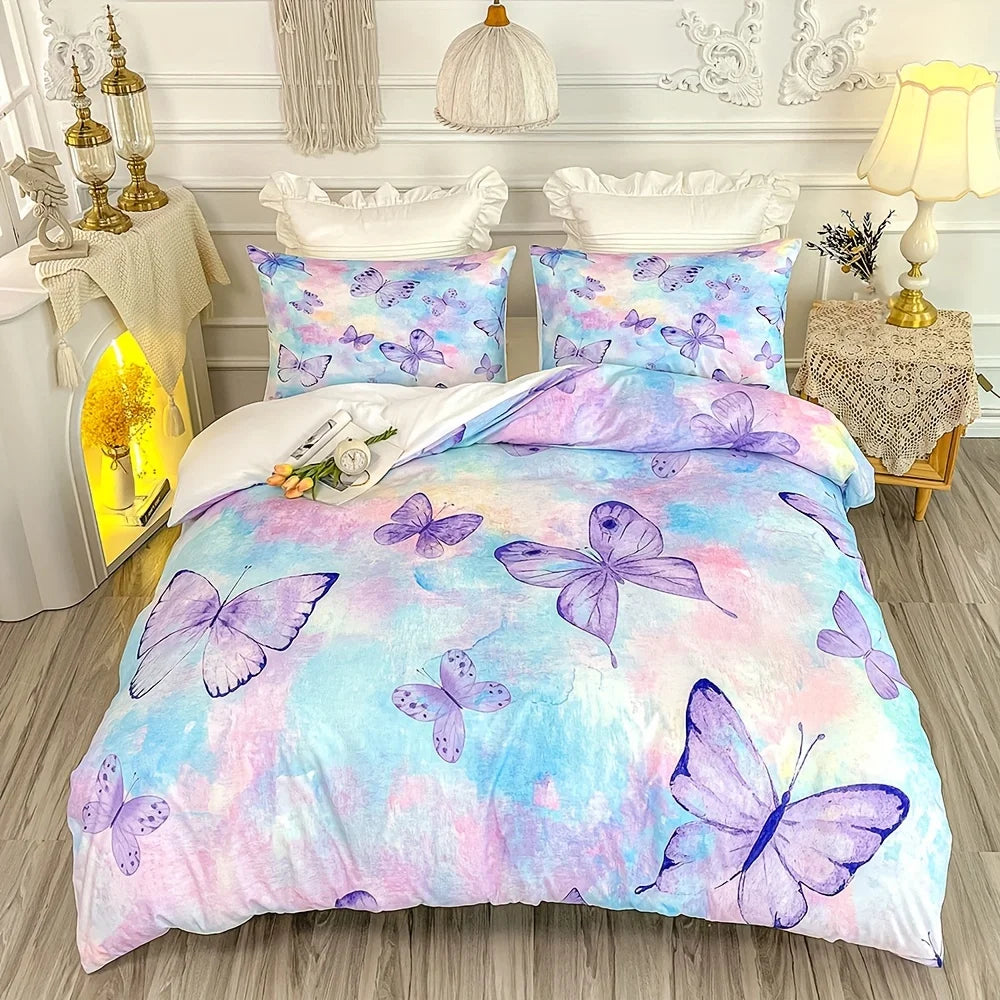 JazzHer 3-Piece Vibrant Rainbow Butterfly Duvet Cover Set - Soft, Cozy Girls' Bedding with 1 Duvet Cover and 2 Pillowcases - Ideal Room