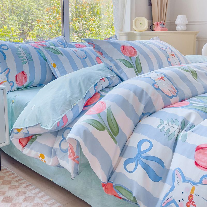 JazzHer Ins Blue Stripe Duvet Cover Set Soft Flat Sheet Quilt Cover Pillowcase Bed Linen Twin Queen Full Size Floral Bedding Set