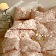 JazzHer Romantic Rose Pink Floral Bedding Set Double Size Flat Sheet Duvet Cover and Pillowcase For Girls Soft Bed Linen Home Textile