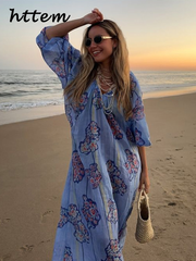 JazzHer Loose Striped Print linen Maxi Dress Women Fashion V-neck Lantern Sleeve Female Holiday Dresses 2024 Summer Lady Beach Robes New