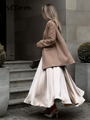 JazzHer Elegant Blazers Satin Skirt Sets Women Loose Open Stitch Suit Coat Pleated  Solid A Line Skirt 2024 Autumn Lady Commute Outfits