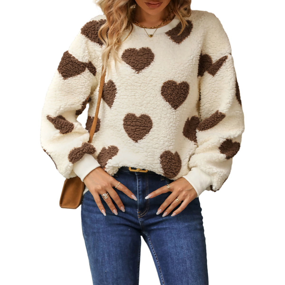 thanksgiving outfit JazzHer Women Heart Print Sweatshirt Romantic Oversized Sweater Valentine s Day Furry Heart Graphic Long Sleeve Pullover Tops