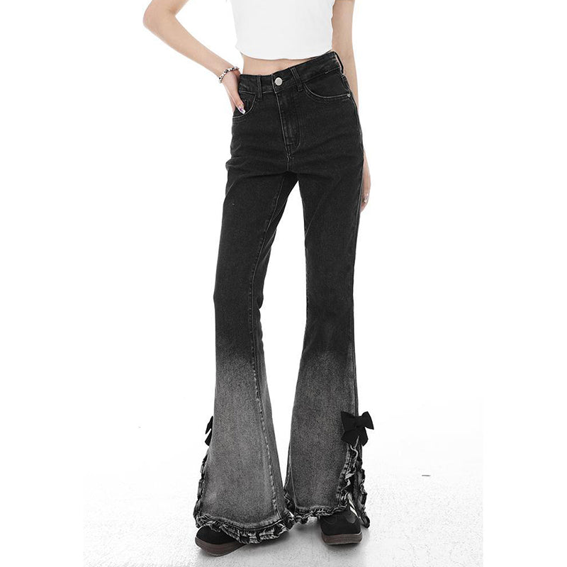 JazzHer Y2K Jeans Women High Street Gradient Denim Pants Vintage Autumn American Split Micro Flared Slim Chic Female Trousers New