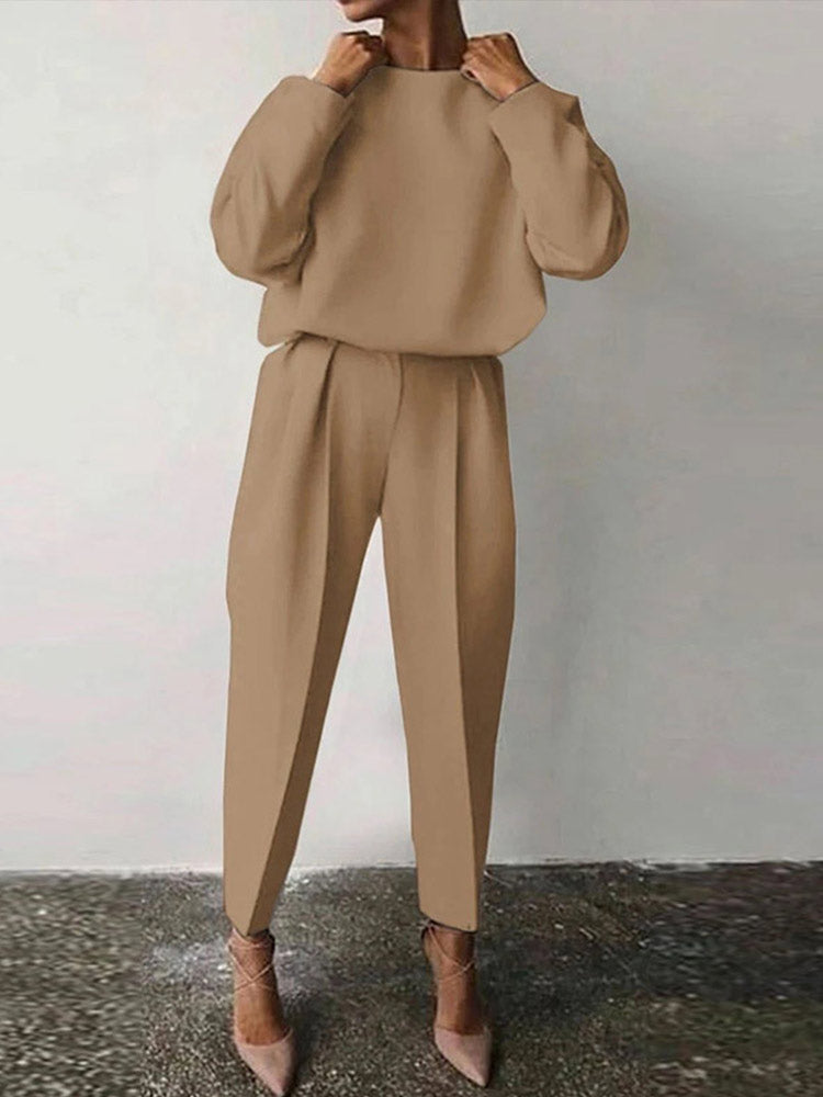 thanksgiving outfit JazzHer Casual Solid Pullover pants Set Women O Neck Wide Full Sleeve Top Leg High Waist Trousers Female 2024 Fashion Autumn Suit Lady