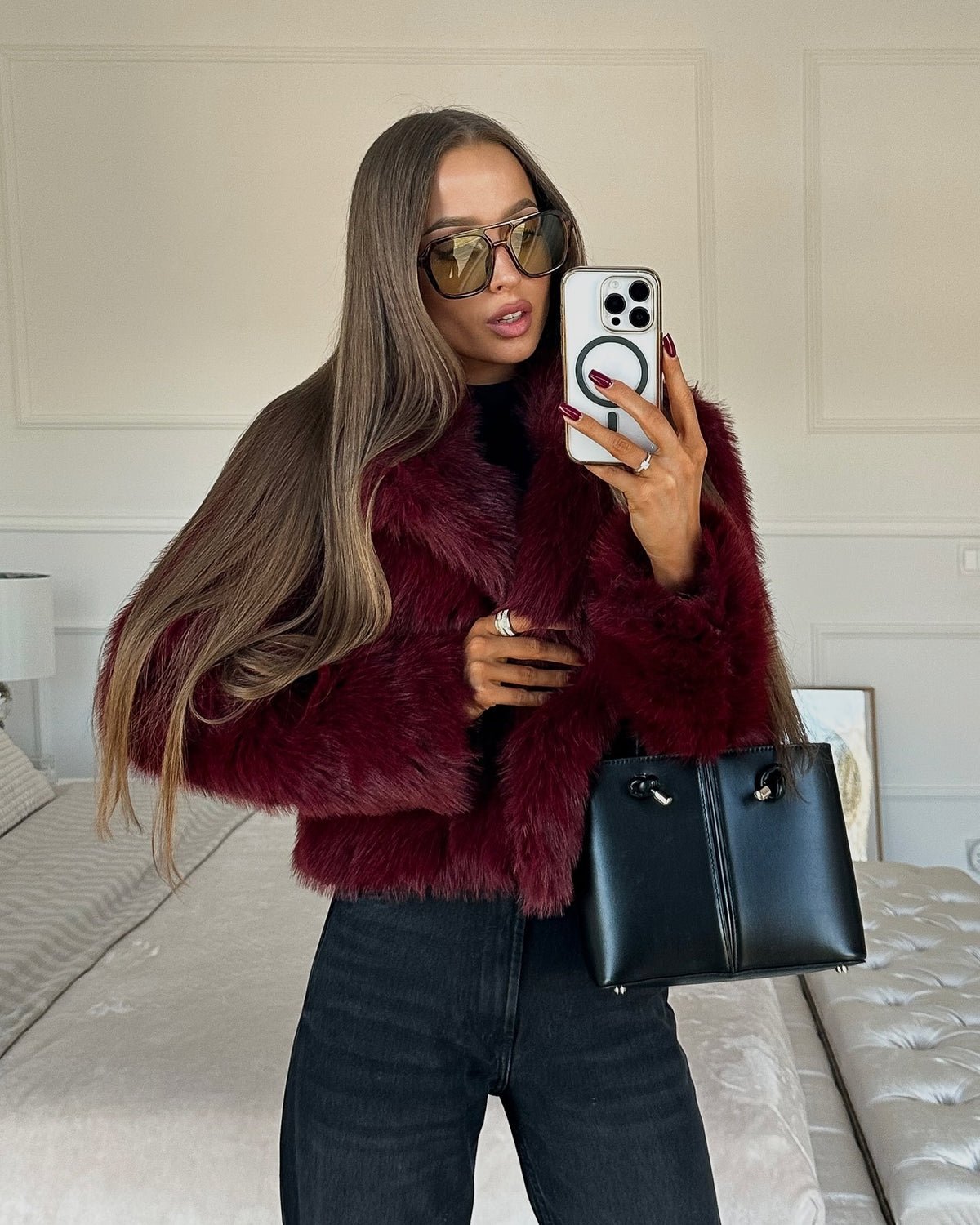 JazzHer Burgundy Red Chic Women's Fluffy Faux Fur Short Jacket Women Elegant Lapel Long Sleeve Plush Coat Female Warm Cropped Streetwear