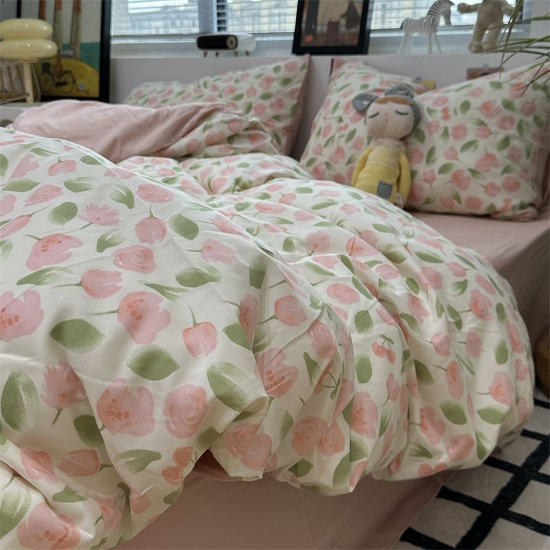 JazzHer Ins Floral Bedding Set Soft Duvet Cover with Zipper No Filler Flat Sheet Pillowcase Cream Green Twin Queen Size Bed Linens