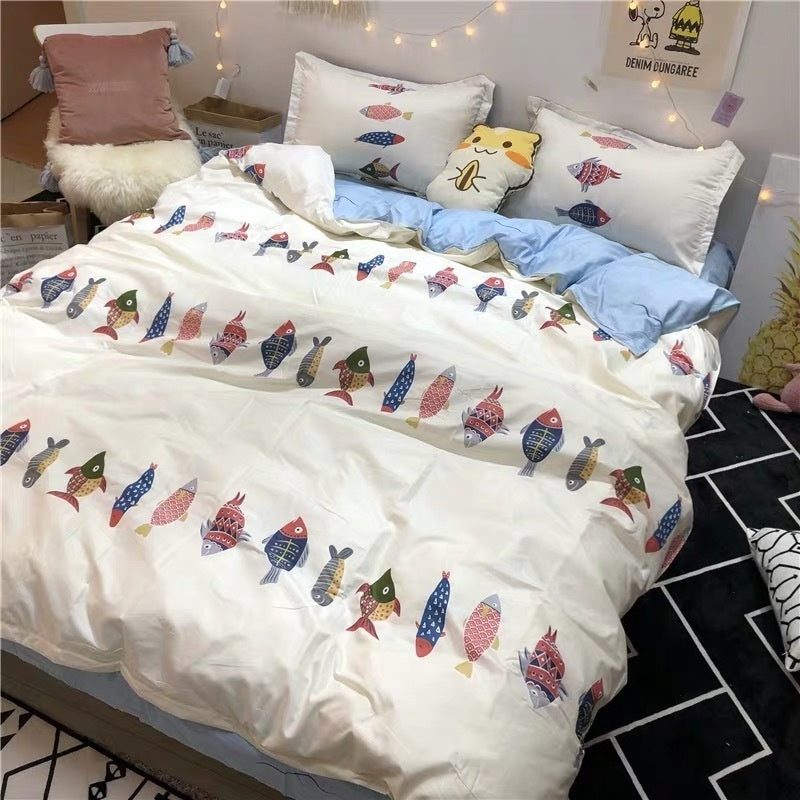 JazzHer Cute Bear Bedding Set Cartoon Floral And Animal Duvet Cover Blue Flat Sheet Soft Polyester Kawaii Queen Full Size Bed Linen