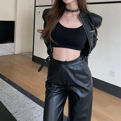 cold weather outfits JazzHer Vintage Elegant Black Leather Suit Women's Spring Autumn Long Sleeve Cropped Jacket High-Waisted Casual Trousers 2-Piece Set