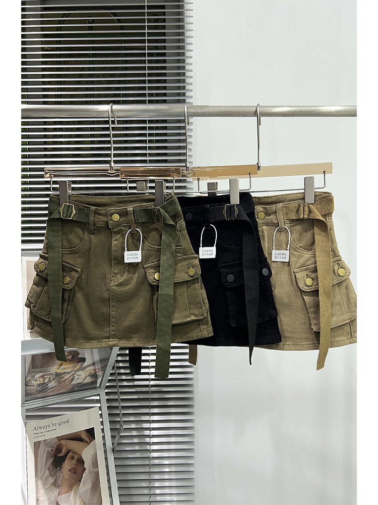 christmas outfit JazzHer Women Denim Cargo A-line Skirt Vintage Y2k Khaki Skirt Harajuku Korean Streetwear Fashion A-line Skirts Emo 2000s Trashy Clothes