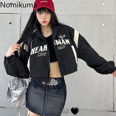 JazzHer Streetwear Women's Jackets Crop Tops Turndown Collar High Waist Letter Outwear 2025 Ropa Mujer Casua Zipper Fashion Y2k Coats