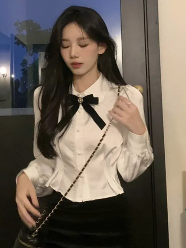 JazzHer Sexy Japan Girl Blouse Office Lady Work Women Button Solid Peter Pan Collar Ribbon Lace Short Crop Top White Shirt Femme