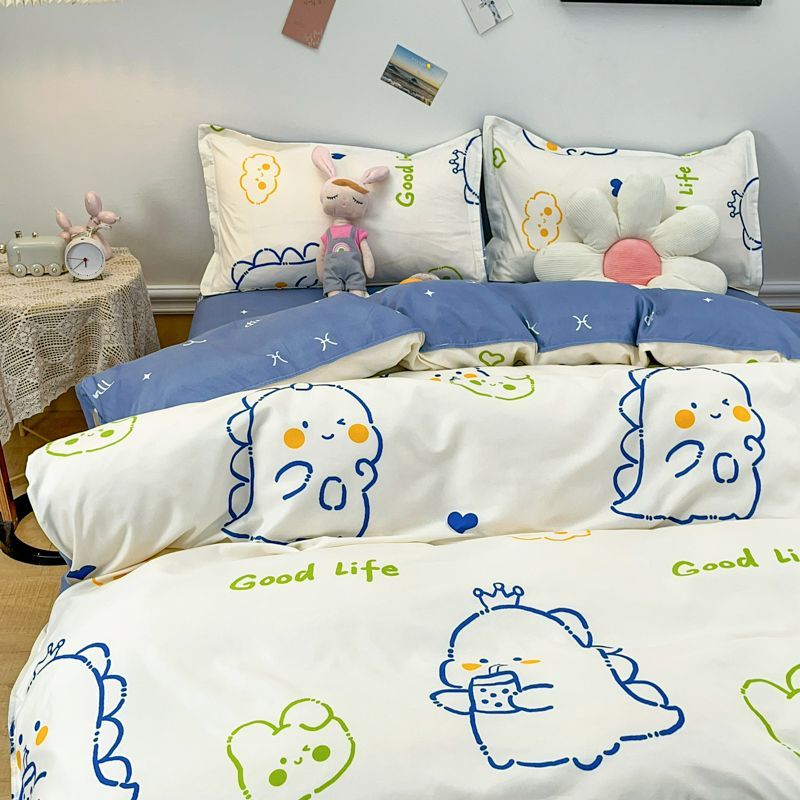 JazzHer Cute Dinosaur Bedding Set for Kids Duvet Cover No Filling Flat Sheet Pillowcase Boys Girls Full Queen Size Spring Bed Linen