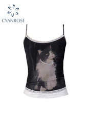 christmas outfit JazzHer Women's Black Crop Top Vintage Y2k Camisole Cat Graffiti Print Sleeveless Off Shoulder Emo Corset Top 2000s Clothes 2025 Summer
