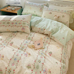 JazzHer Ins Bedding Set Cream Green Floral Twin Queen Size Duvet Cover Flat Sheet Pillowcase No Filler Girl Boy Gift Home Bed Linens