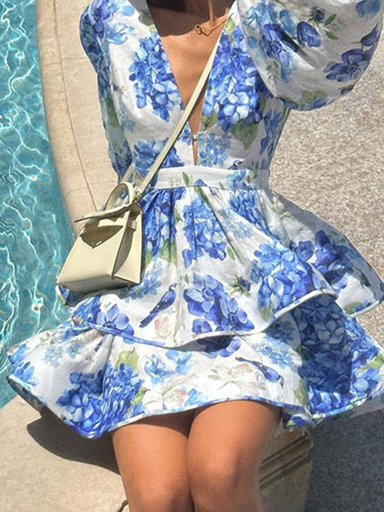 thanksgiving outfit JazzHer Flower Print Ruffles Layered Short Dress Women V Neck Long Puff Sleeve Pleated Mini Party Dresses 2024 Summer Fashion Lady Robe