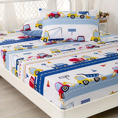 JazzHer 3pcs Cartoon Engineering Car Pattern Fitted Sheet Set - Soft, Breathable, and Hypoallergenic Bedding Sheet Set Vibrant-Perfect