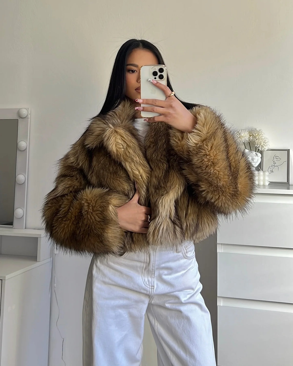 JazzHer 2025 Chic Faux Fox Fur Warm Cropped Coat For Women Winter Thicken Lapel Long Sleeve Fluffy Jacket Female Fashion Thermal Outwear