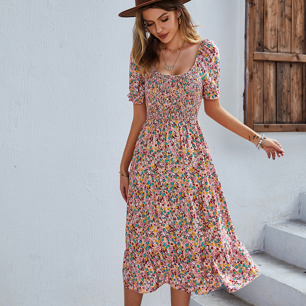 JazzHer Ladies Sexy Vintage Floral Print Boho Summer Dress Women Casual Elastic Bohemian Beach Dress Women Sundress Robe Vestidos Female