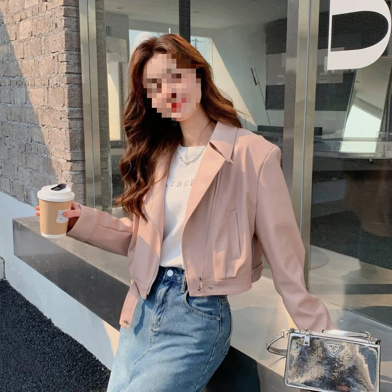 cold weather outfits JazzHer Pink PU Leather Jacket Women's Cropped Petite Jacket 2024 New Spring Autumn Street Style Fashion Overcoat From China Mainland