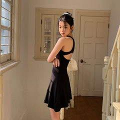 JazzHer 100% Cotton Sexy Backless Dress Women French Fashion Elegant A Line Mini Dress Summer Black Slim High Waist Vestidos New