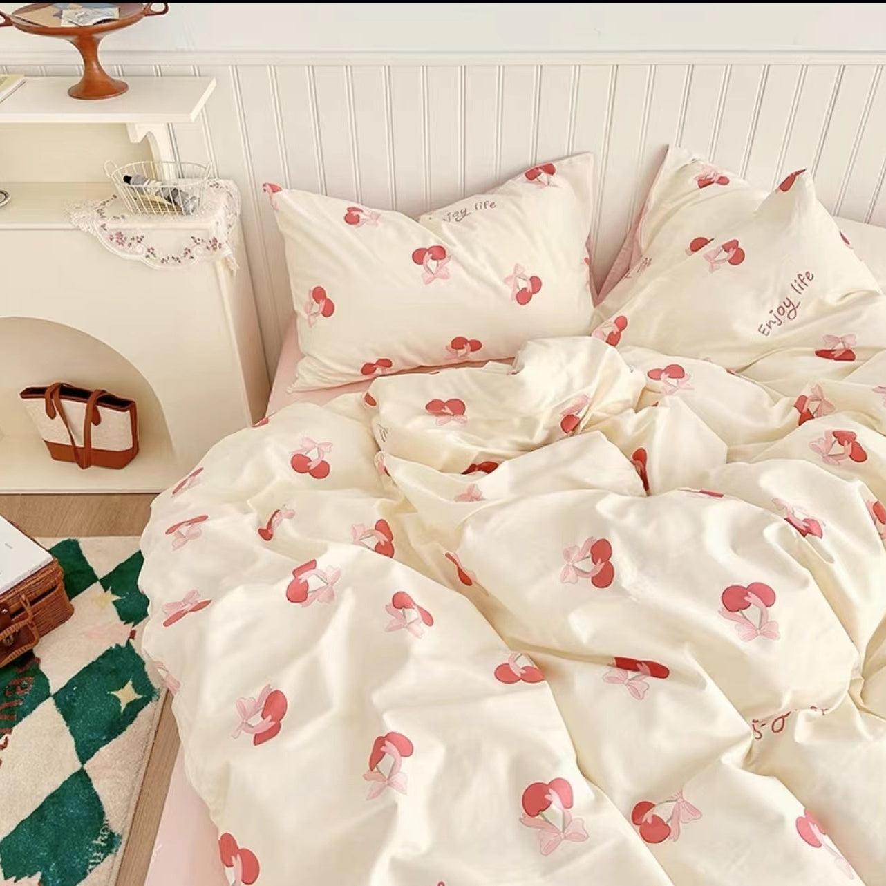 JazzHer Ins Cream Cherry Bedding Set Cartooon Fruit Duvet Cover Polyester high quality Linen Bedroom Decor Home Textile For Girls Kids