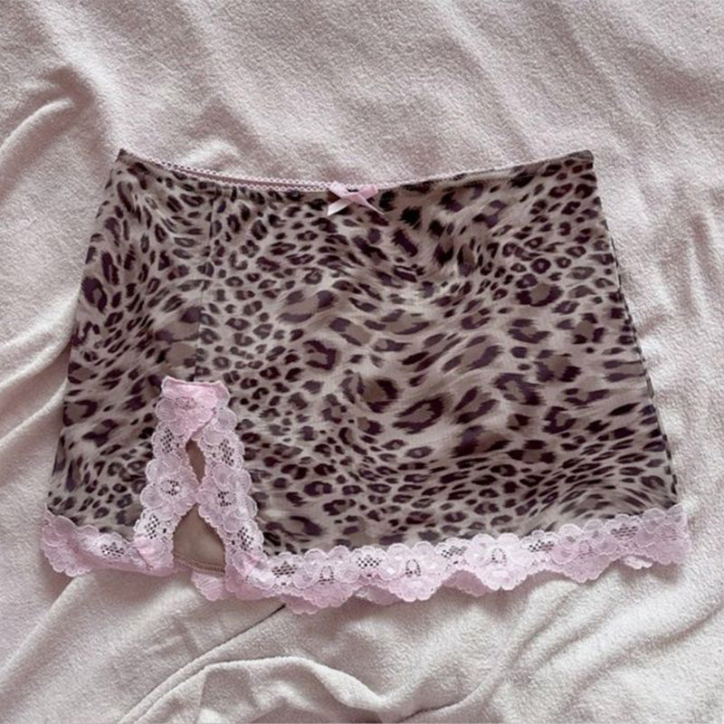 JazzHer Retro Cute Leopard Print Women Mini Skirt Sweet and Chic Pink Bow Y2K Harajuku Street Hip Hop Punk Hot Girls Goth Baby Skirt Emo