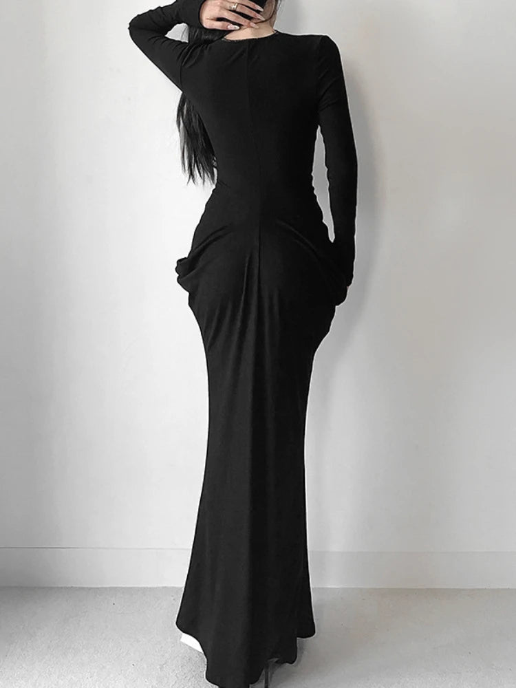 JazzHer Fairycore Grunge Elegant Midi Dress Women Mall Gothic Sexy Lace Patchwork Hollow Out Long Sleeve High Waist Corset Dress