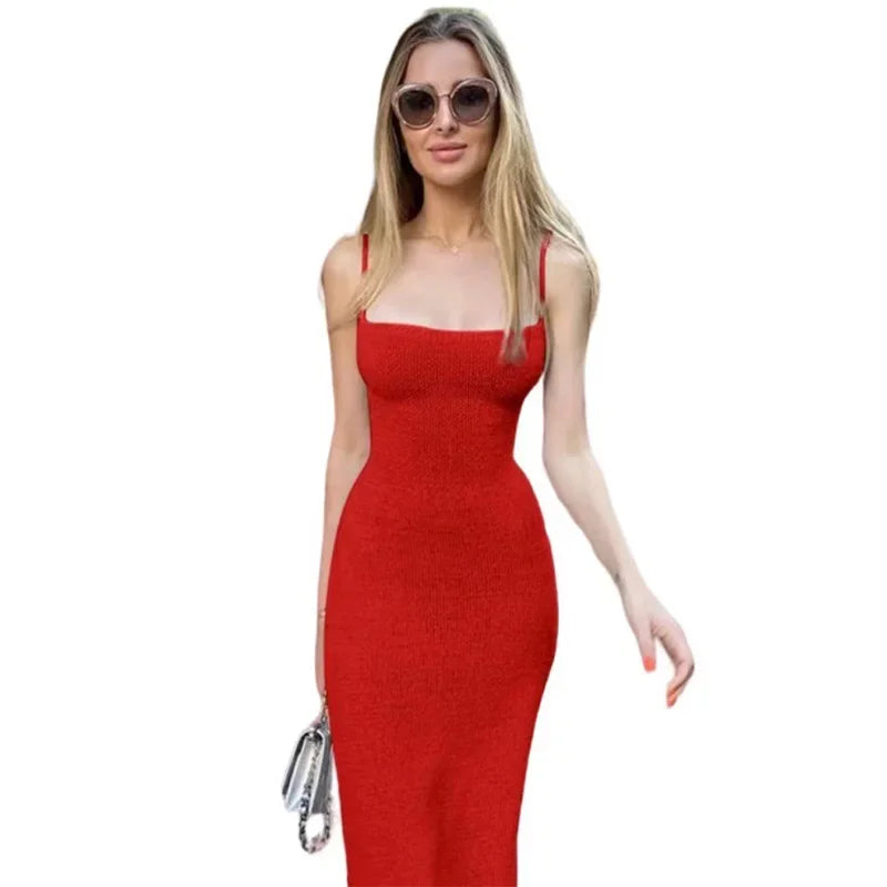 JazzHer Sexy Knit Split Sling Dress Women Slim Square Collar Bandage Sleeveless Backless Female Dresses 2024 Summer Lady Beach Robe New