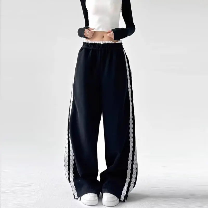 JazzHer Lace Patchwork Sweatpants Women Y2K Streetwear High Waist Wide Leg Pants Korean Fashion Casual Elastic Waist Straight Trousers