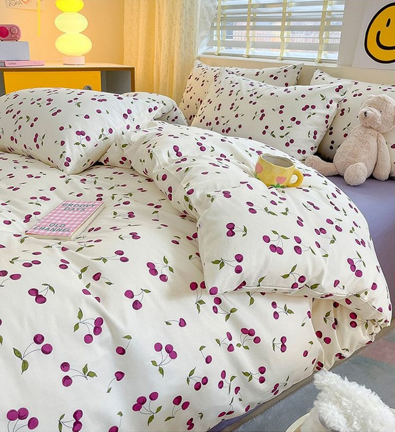 JazzHer 2024 Cherry Cute Bedding Set Flat Sheet Pillowcases No Filler Ins Spring Kids Audlt Single Full Size Home Hotel Bed Linens