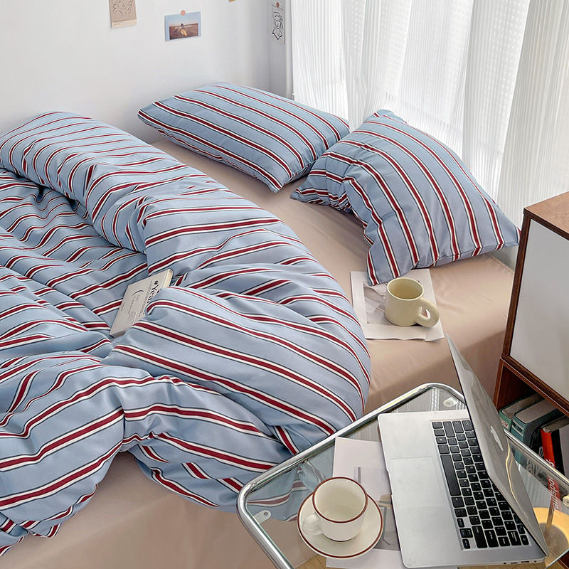 JazzHer Simple Red and Blue Striped Duvet Cover and Four Piece Bed Sheet Set with Washed Cotton Bedding on the Bed