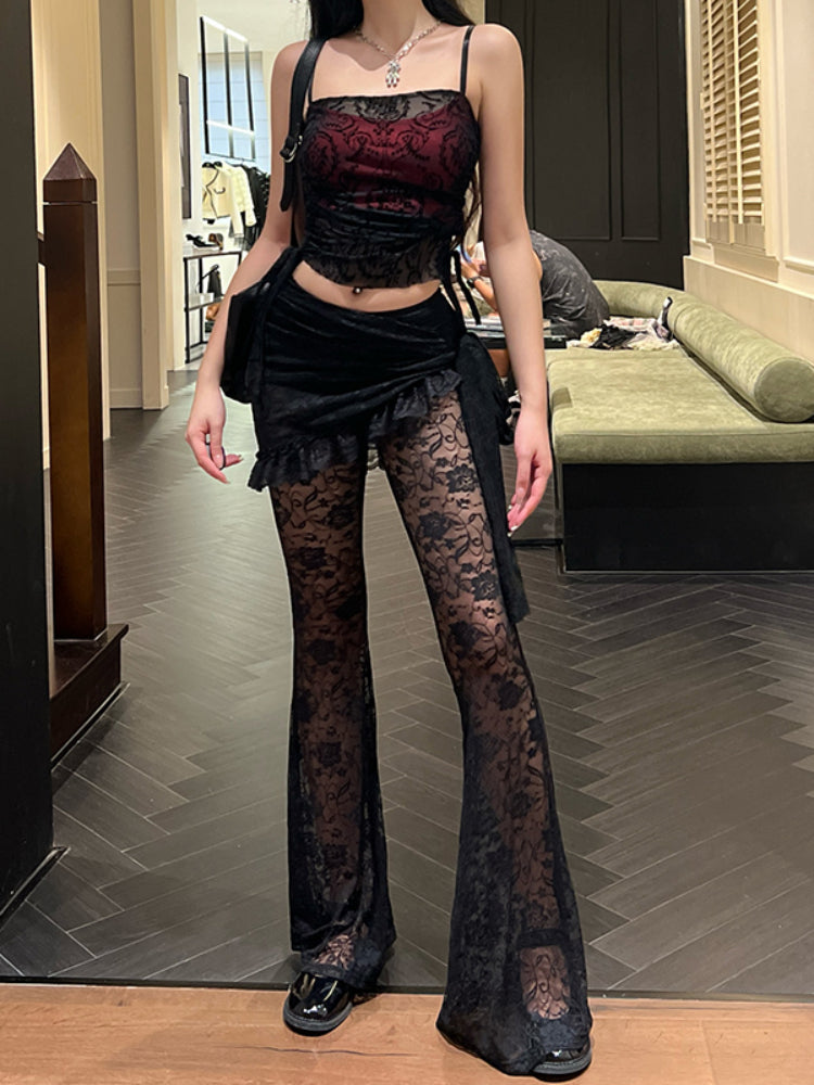 JazzHer Gothic Dark Lace Pants Women Vintage Y2k Streetwear Emo Sexy See Through Velevt Patchwork High Waist Flare Pants Female