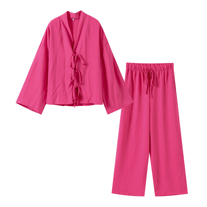 JazzHer Solid Shirt Pants Sets Women Casual  V Neck Lace Up Long Sleeve Female Tops Suits High Waist Wide Leg Pant 2025 New Lady Outfits