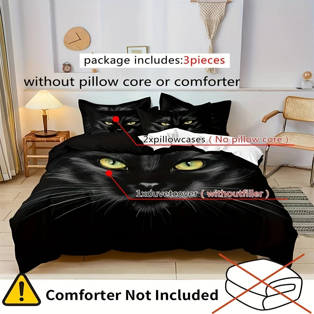 JazzHer 3pcs Duvet Cover Set, Black Cat Print Bedding Set, Soft Comfortable Duvet Cover, For Bedroom, Guest Room