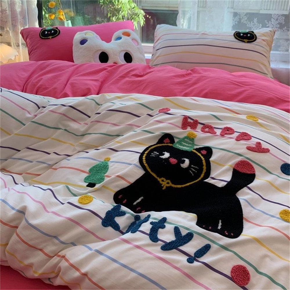 JazzHer Korean Ins Dopamine Rainbow Embroidered Washed Cotton Bedding set Duvet Cover Home Luxury No Filling Bedding Set Bed Sheets