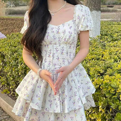 JazzHer Puff Sleeve Floral Corset Mini Dress