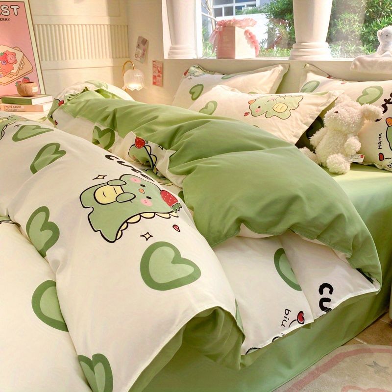 JazzHer Cute Kids Bedding Set Rabbit Dinosaur No Filler Single Queen Size Duvet Cover Flat Sheet Pillowcase Girls Boys Comforter Duvet