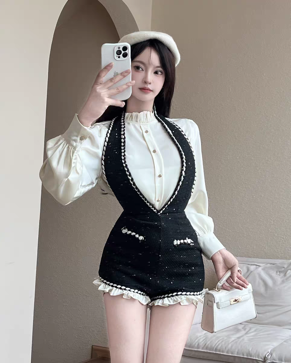 JazzHer 2025 Autumn French Sweet Hot Girl Commuting Suit Women Halter Strap Shorts Ruffled Long Sleeve Shirt Elegant Slim 2 Piece Set